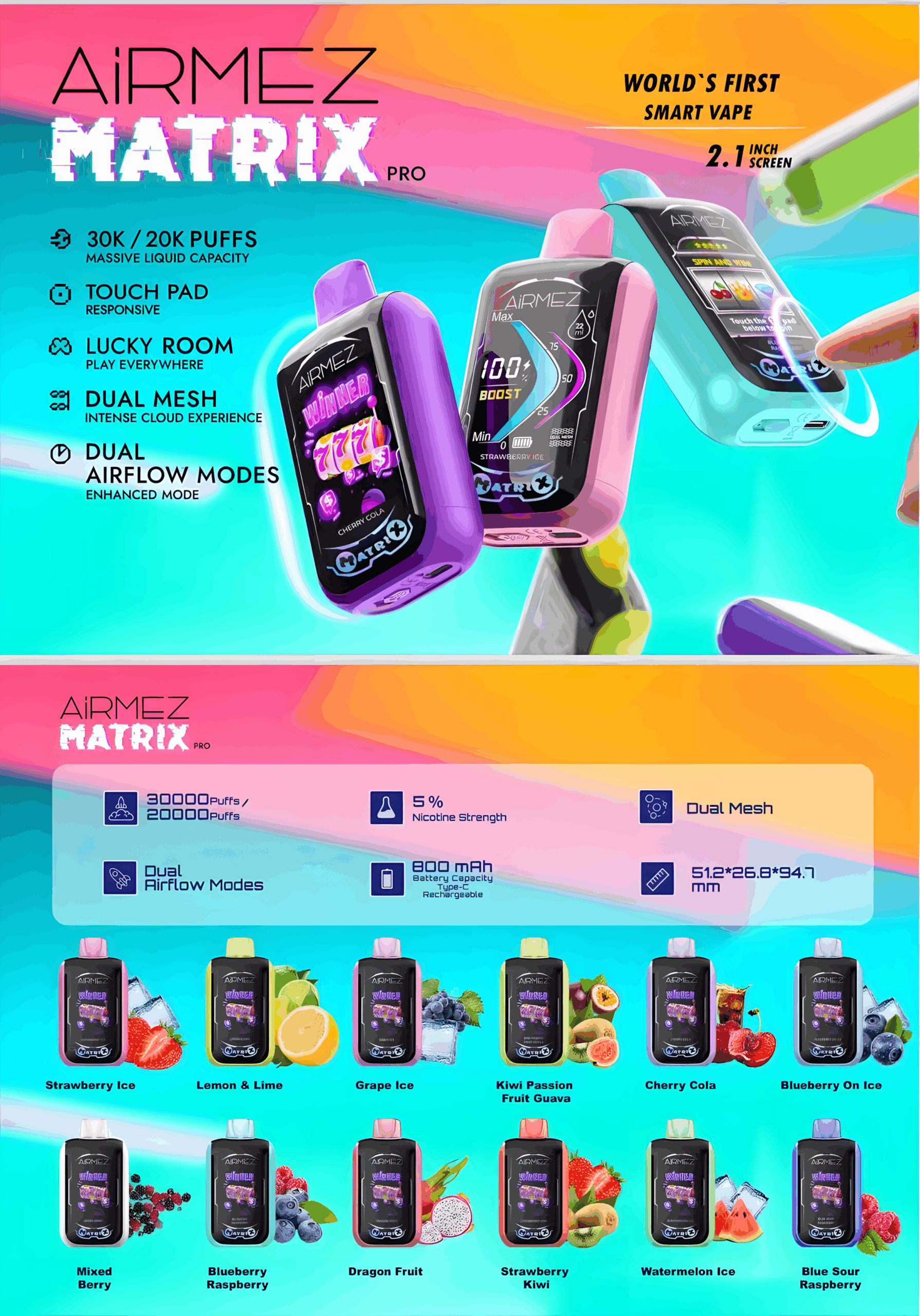 Airmez Matrix Pro 30000 – dotykowy ekran 2.1" HD i obudowa w stylu cyberpunk